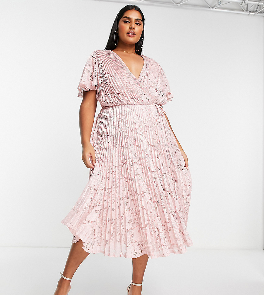 ASOS DESIGN Curve exclusive lace pleated midi dress with tie detail in blush-Brown