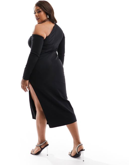 ASOS DESIGN Curve Exclusive long sleeve assymmetric midi dress in black ASOS