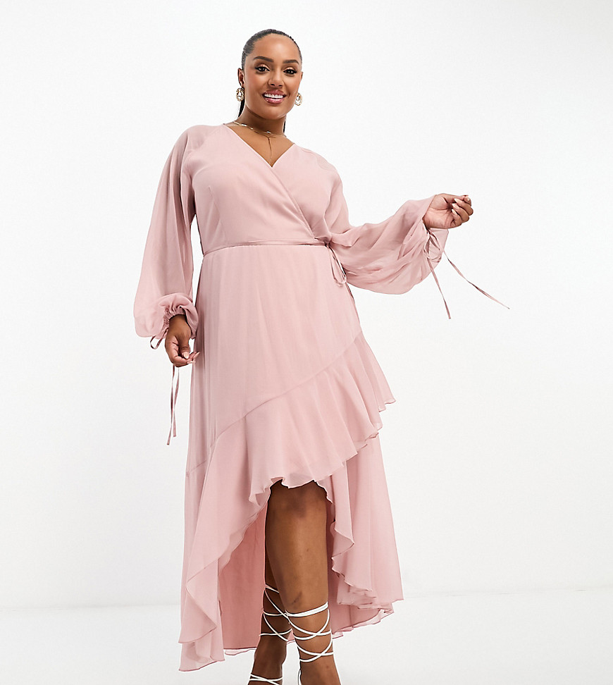 ASOS DESIGN Curve Exclusive long sleeve chiffon wrap midi dress in dusty pink
