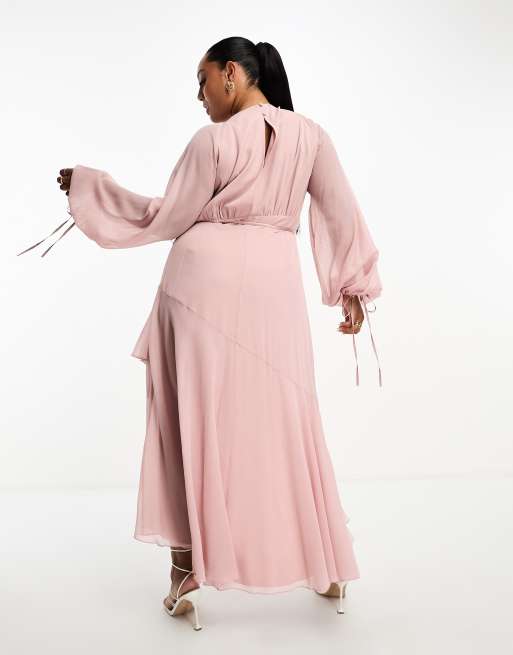 ASOS DESIGN Curve Exclusive long sleeve chiffon wrap midi dress in dusty pink