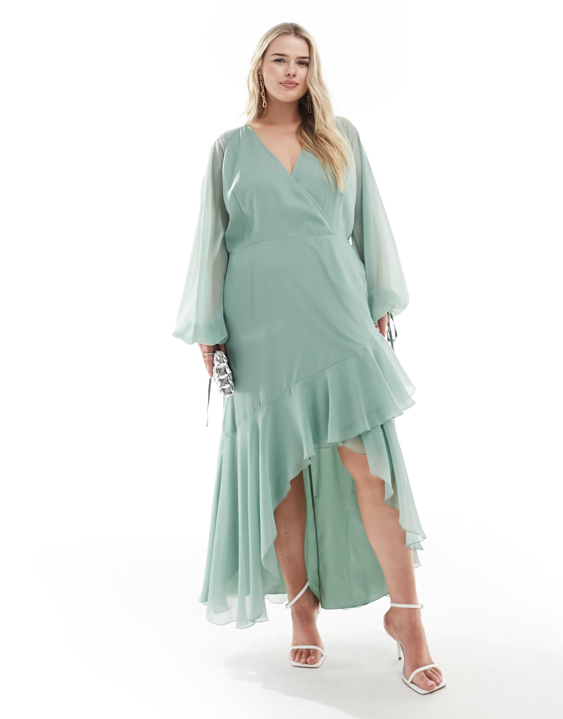 asos design curve exclusive long sleeve chiffon wrap midi dress in green