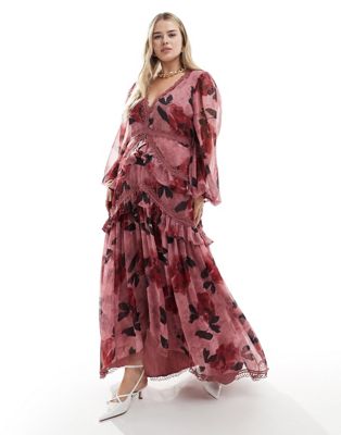 ASOS DESIGN Curve exclusive long sleeve midaxi dress in pink large floral print