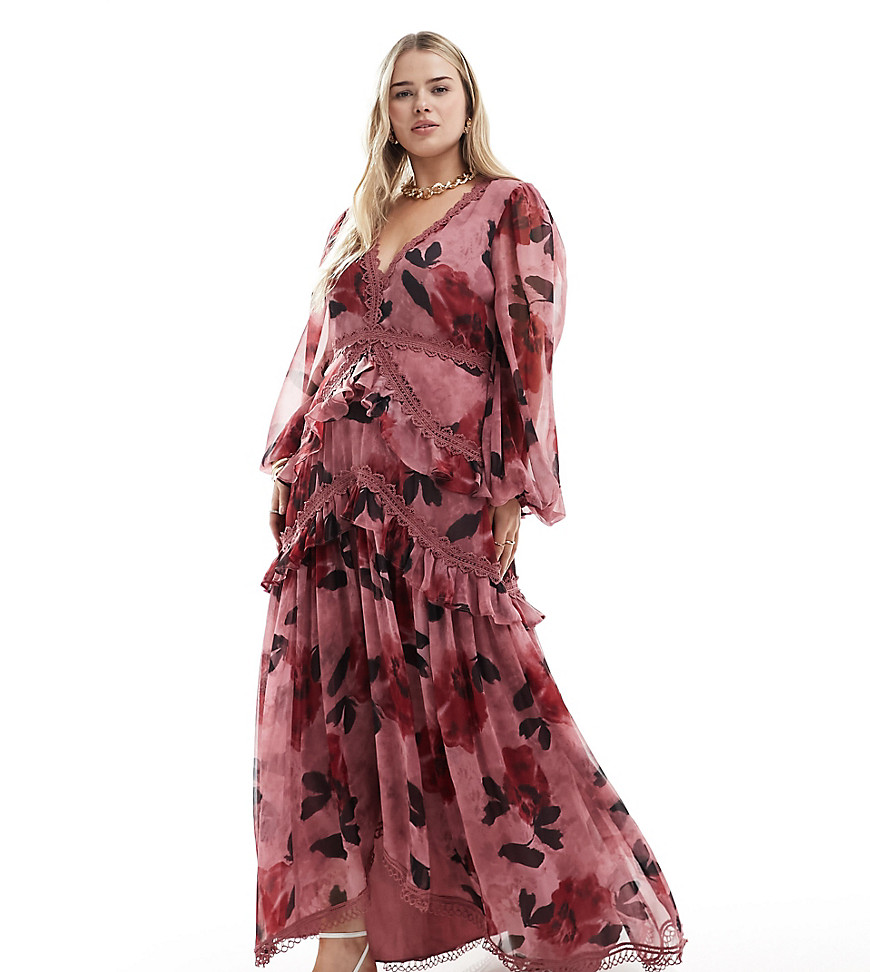 ASOS DESIGN Curve exclusive long sleeve midaxi dress in pink large floral print-Multi