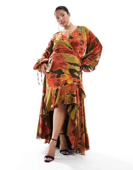 ASOS DESIGN Curve Exclusive long sleeve wrap midi dress in abstract burnout print