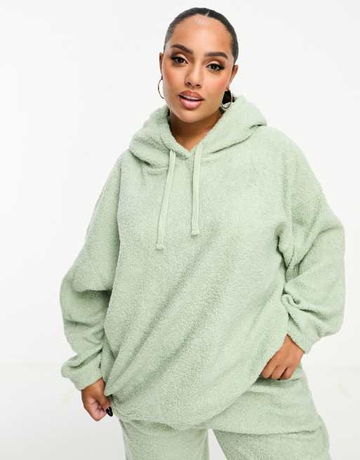 ASOS DESIGN Curve exclusive lounge borg hoodie & jogger set in sage, 2 of 4