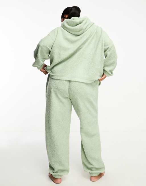 ASOS DESIGN Curve exclusive lounge borg hoodie & jogger set in sage, 3 of 4