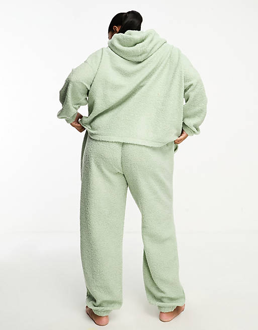 ASOS DESIGN Curve exclusive lounge borg hoodie & sweatpants set in sage