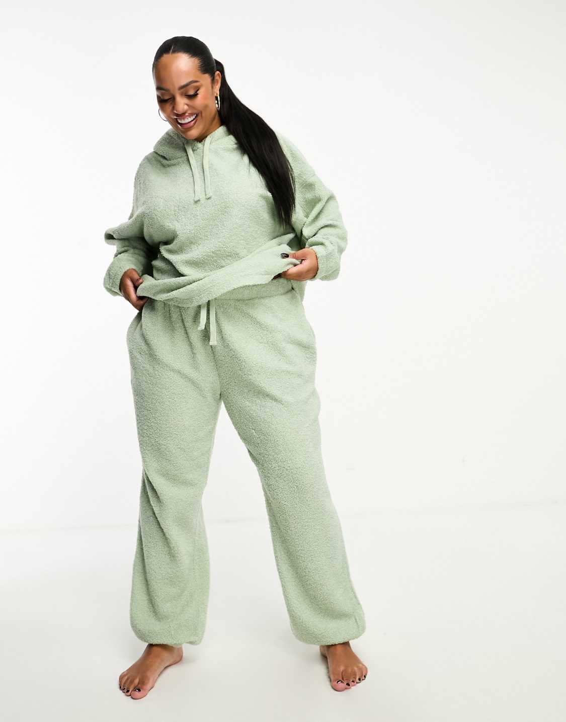 ASOS DESIGN Curve exclusive lounge borg hoodie & sweatpants set in sage