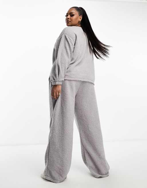 ASOS DESIGN Curve exclusive lounge borg sweat & wide leg pants set in gray