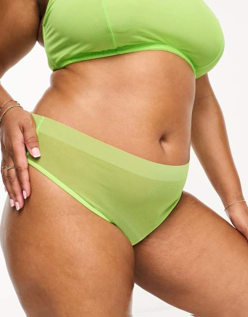 ASOS DESIGN Curve Exclusive Maddy clean mesh high waist Brazilian briefs in bright lime, 4 of 4