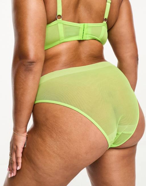 ASOS DESIGN Curve Exclusive Maddy clean mesh high waisted brazilian briefs in bright lime, 2 of 4