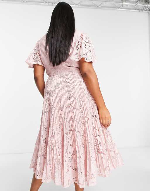 ASOS DESIGN Curve – Exclusive – Marinblå, plisserad midiklänning i spets med knytdetalj, 2 av 4