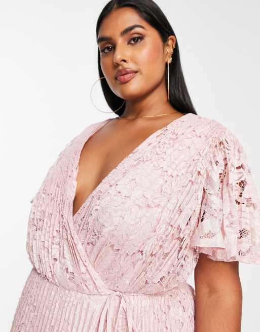 ASOS DESIGN Curve – Exclusive – Marinblå, plisserad midiklänning i spets med knytdetalj, 3 av 4