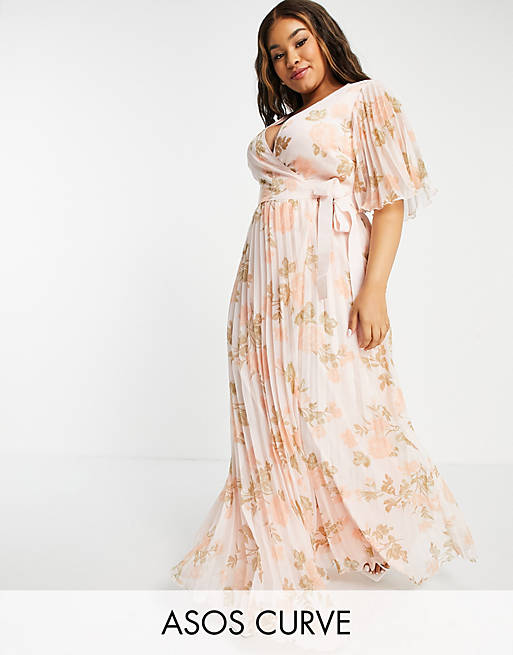 ASOS DESIGN Curve exclusive maxi dress with kimono sleeve and tie waist in pleat in occasion floral