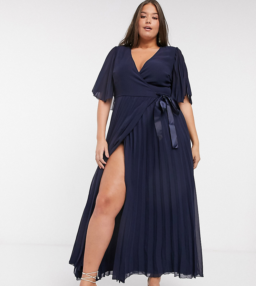 ASOS DESIGN Curve exclusive maxi dress with kimono sleeve and tie waist in pleat-Blues