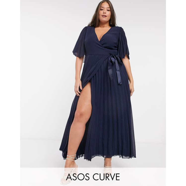 ASOS DESIGN Curve exclusive maxi dress with kimono sleeve and tie waist in pleat ASOS