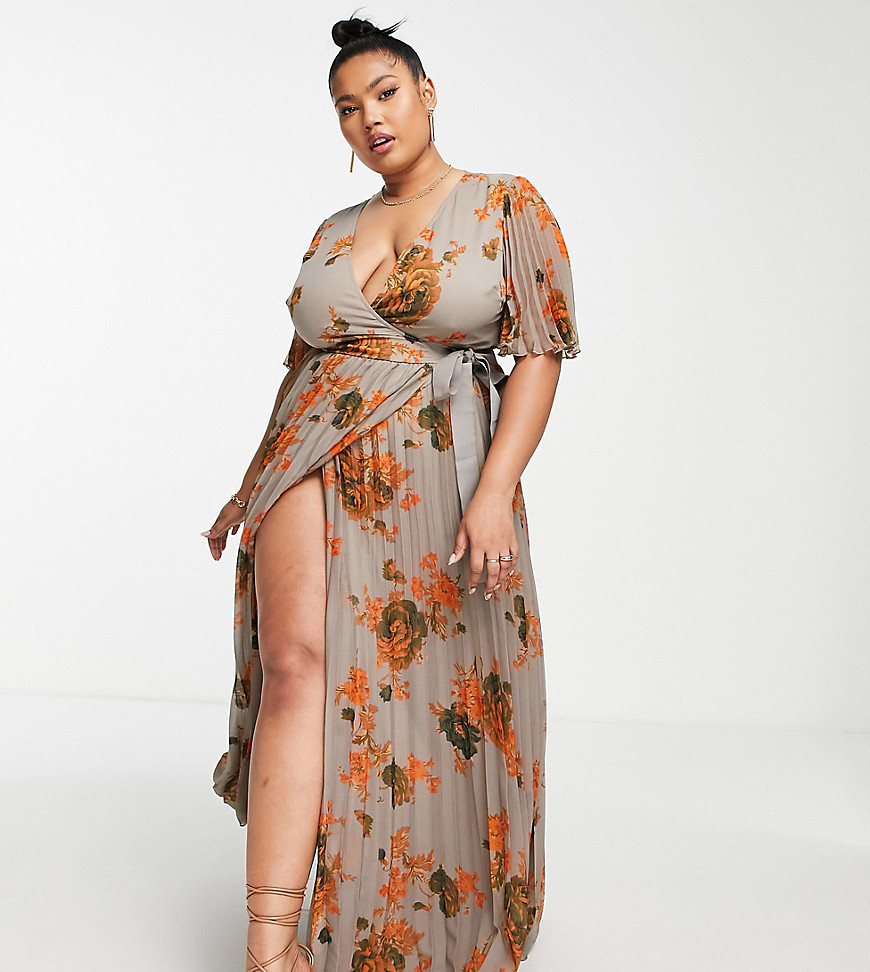ASOS DESIGN Curve Exclusive maxi dress with kimono sleeves and tie waist in pleat in floral print-Multi