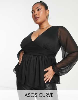 Asos Design Curve Exclusive Mesh Flared Sleeve Plunge Peplum Top In Black