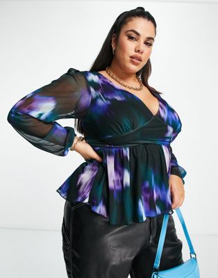 ASOS DESIGN Curve exclusive mesh flared sleeve plunge peplum top in graphic print