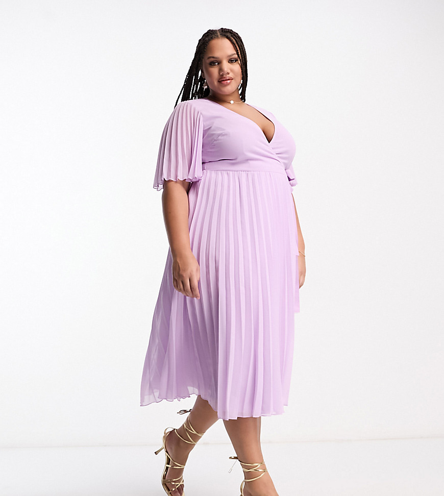 ASOS DESIGN Curve exclusive midi dress with kimono sleeve and tie waist in pleat in lilac-Purple