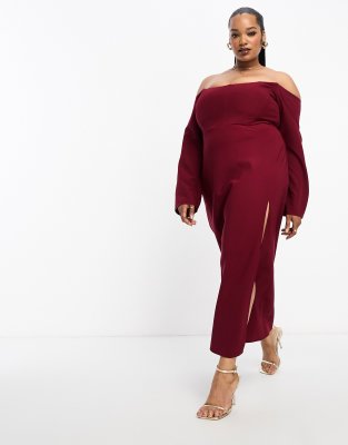 ASOS DESIGN Curve Exclusive - Midikleid in Weinrot mit Bardot-Ausschnitt und Korsett-Design