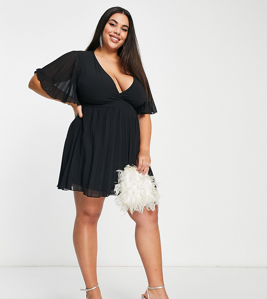 ASOS DESIGN Curve exclusive mini dress with kimono sleeve and tie waist in pleat in black