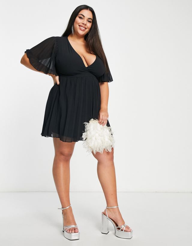 ASOS Curve - ASOS DESIGN Curve exclusive mini dress with kimono sleeve and tie waist in pleat in black