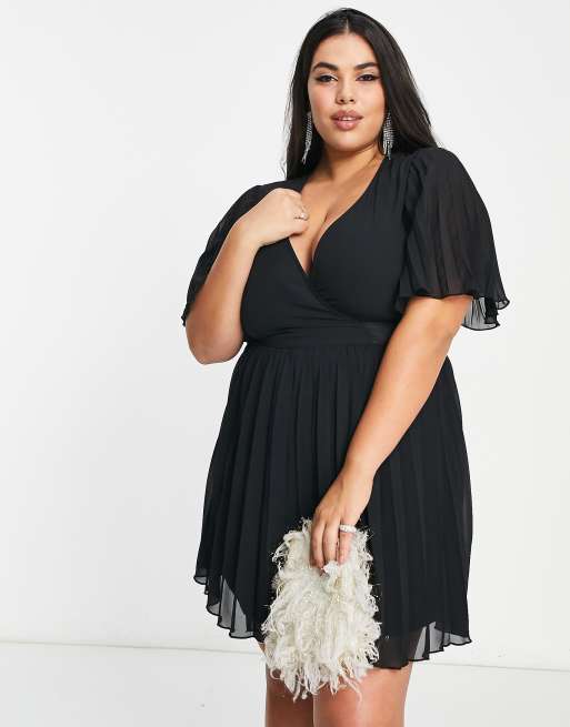 ASOS DESIGN Curve exclusive mini dress with kimono sleeve and tie waist in pleat in black ASOS