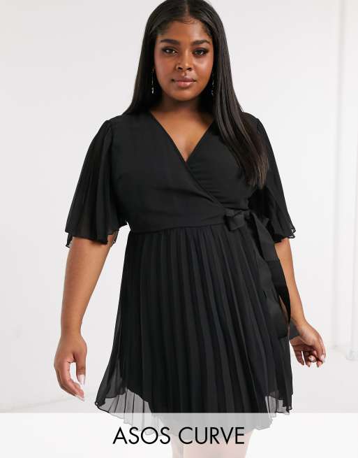 ASOS DESIGN Curve exclusive mini dress with kimono sleeve and tie waist in pleat in Black