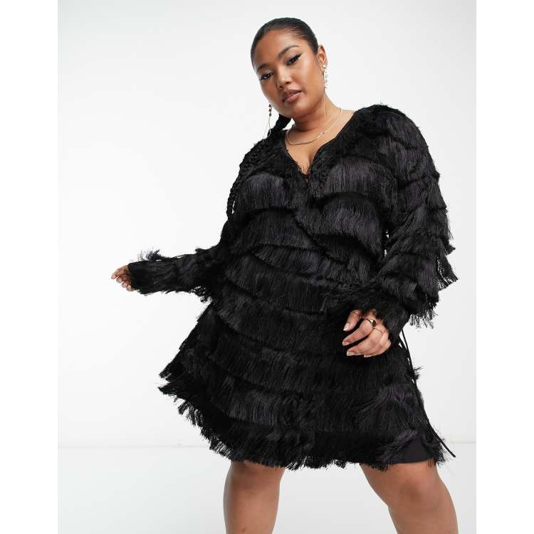 Asos black fringe dress online