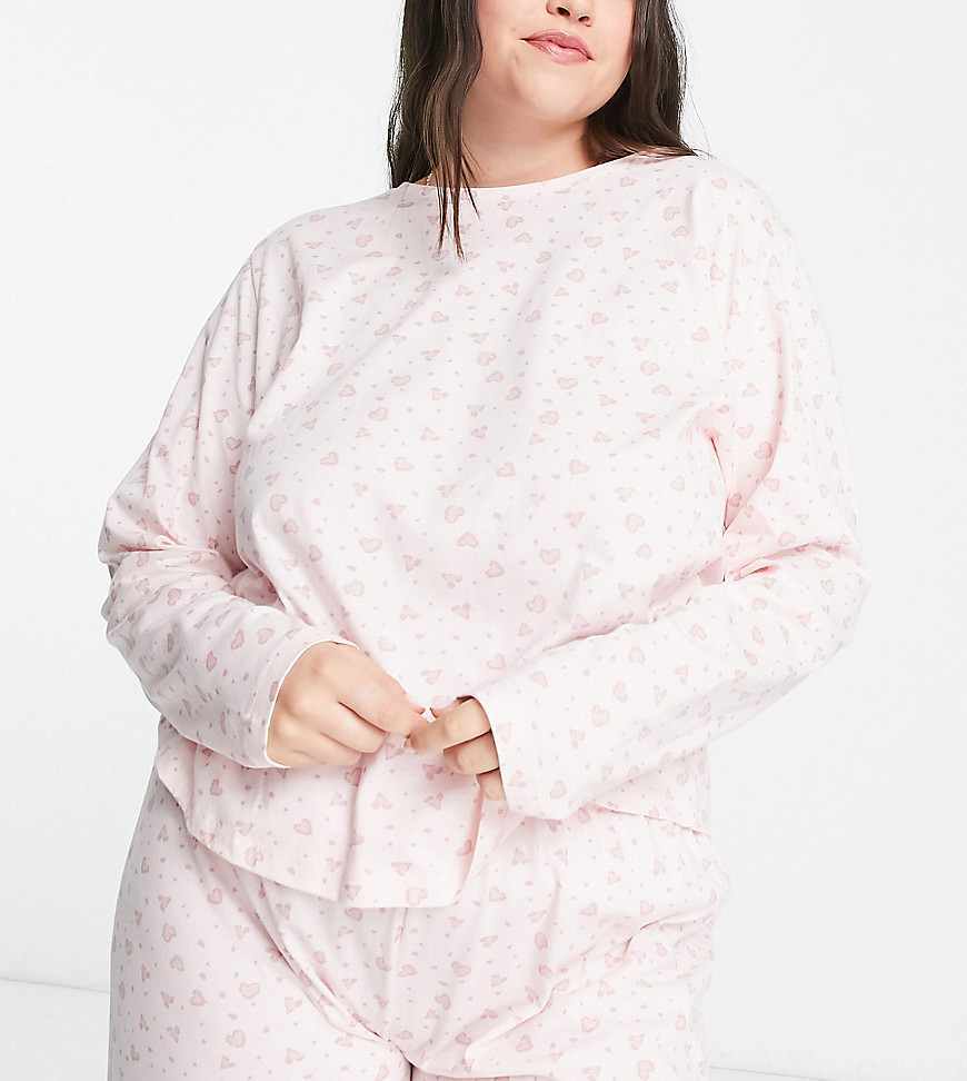 ASOS DESIGN Curve exclusive mix & match ditsy heart pyjama long sleeve tee in pink