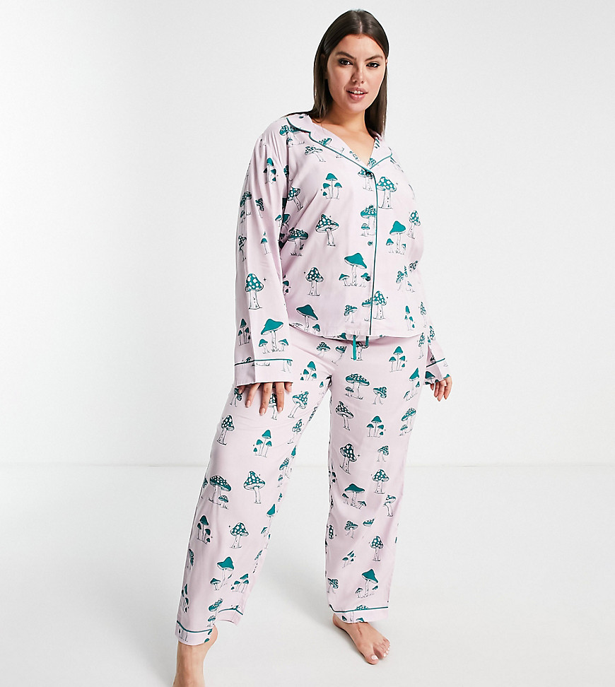 ASOS DESIGN Curve Exclusive modal mushroom long sleeve shirt & pants pajama set in lilac-Purple
