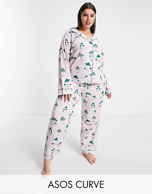 ASOS DESIGN Curve Exclusive modal mushroom long sleeve shirt & pants pajama set in lilac
