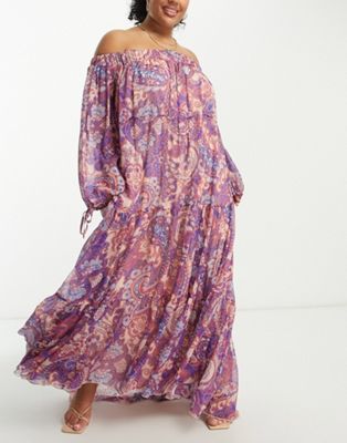 ASOS DESIGN Curve exclusive off shoulder maxi dress in metallic paisley floral print