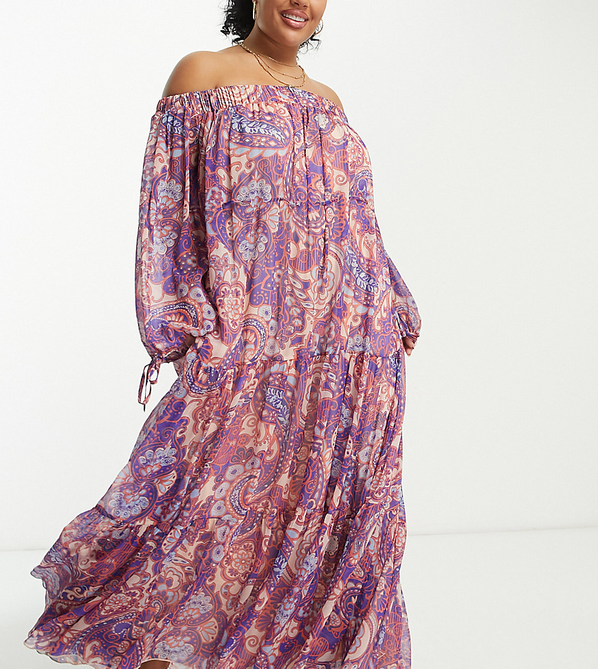 Asos Curve Asos Design Curve Exclusive Off Shoulder Maxi Dress In Metallic Paisley Floral Print-multi