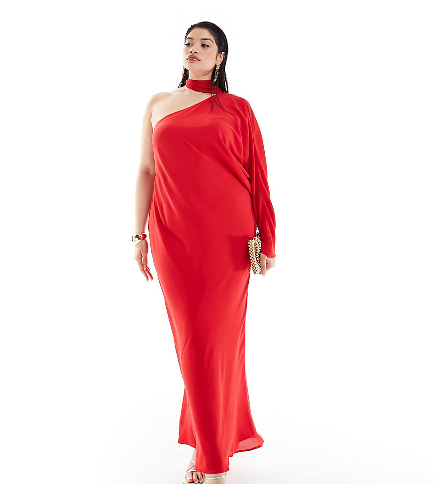 ASOS DESIGN Curve exclusive one sleeve tie neck maxi dress with batwing detail in red