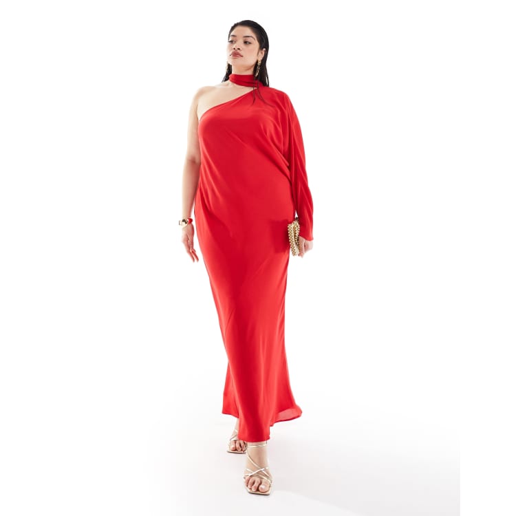ASOS DESIGN Curve exclusive one sleeve tie neck maxi dress with batwing detail in red ASOS