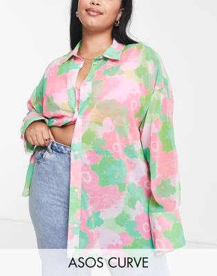 Shirts by ASOS Curve Love at first scroll Floral design Spread collar Button placket Long sleeves Oversized fit