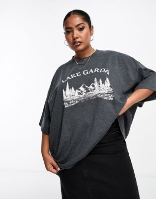 ASOS DESIGN Curve exclusive oversized t-shirt with lake garda graphic in charcoal marl