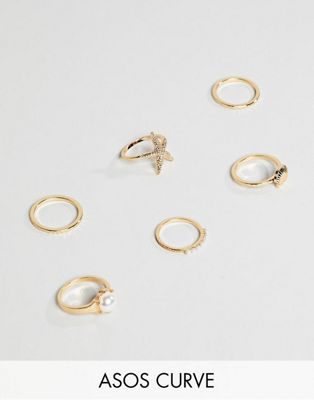 ASOS DESIGN Curve - Exclusive - Pakke med 6 ringe med skal- og perledesign i guld