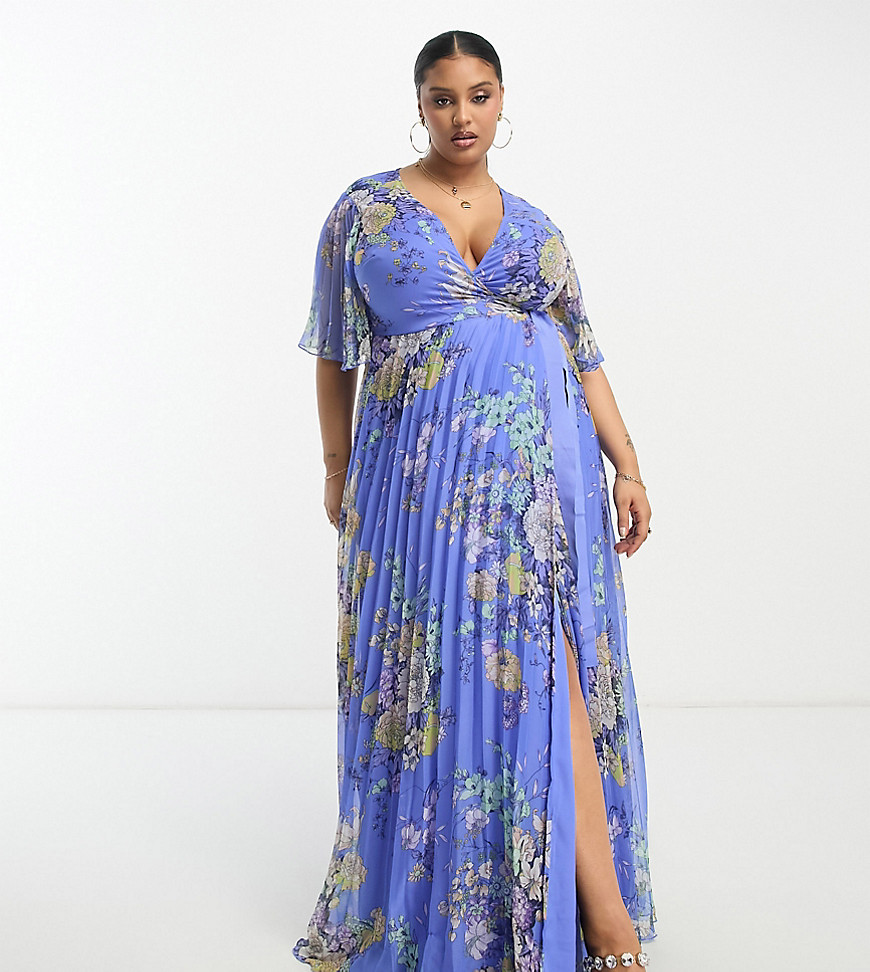 ASOS DESIGN Curve exclusive pleated maxi dress with kimono sleeve and tie waist in blue floral print