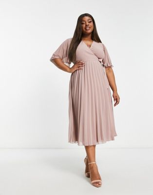 Asos Curve Asos Design Curve Exclusive Pleated Midi Dress With Kimono Sleeve And Tie Waist In Blush-pink