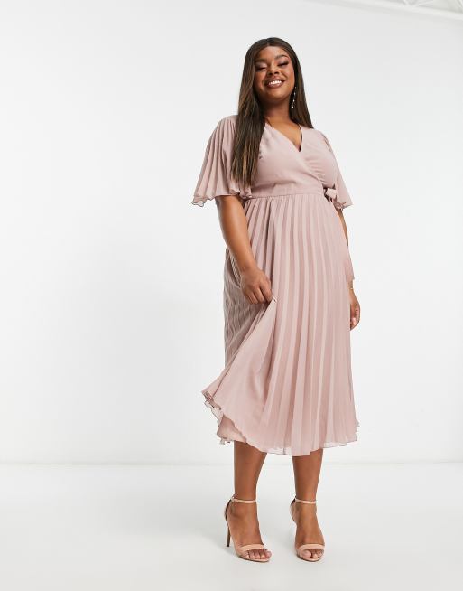 ASOS DESIGN Curve exclusive pleated midi dress with kimono sleeve and tie waist in blush