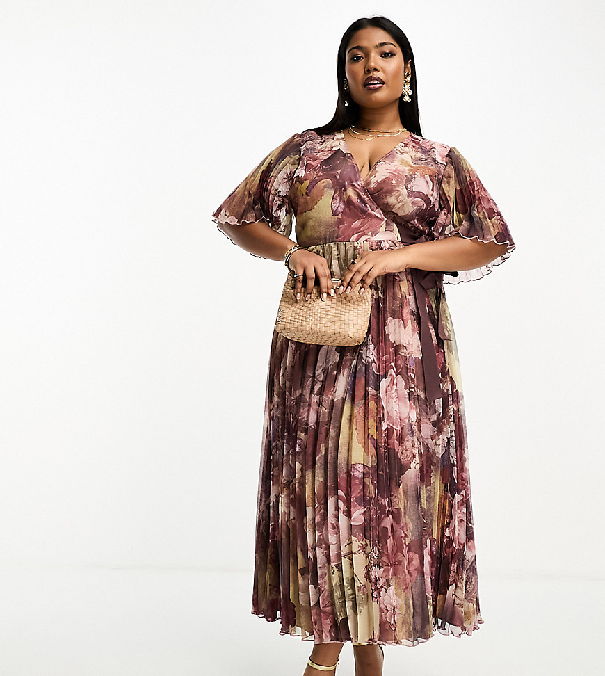 ASOS DESIGN Curve exclusive pleated midi dress with kimono sleeve and tie waist in brown floral print-Multi