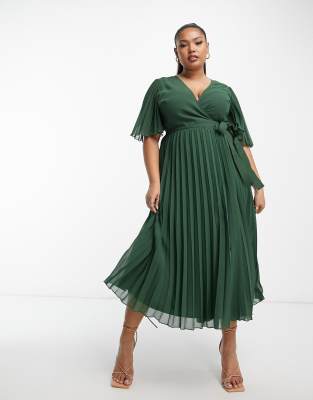 ASOS DESIGN Curve exclusive pleated midi dress with kimono sleeve and tie waist in forest green