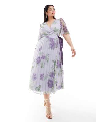 Asos Curve Asos Design Curve Exclusive Pleated Midi Dress With Kimono Sleeve And Tie Waist In Lilac Floral Prin In Purple