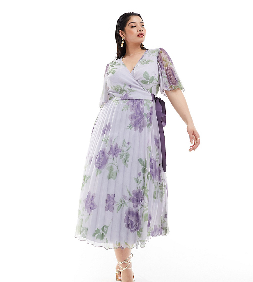 Asos Curve Asos Design Curve Exclusive Pleated Midi Dress With Kimono Sleeve And Tie Waist In Lilac Floral Prin In Purple
