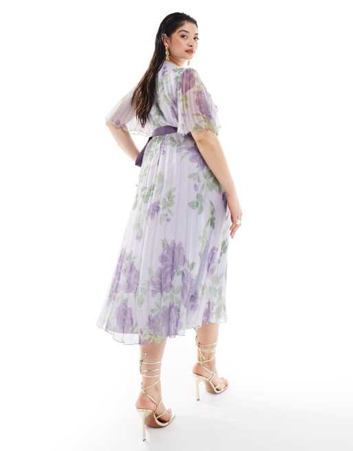 ASOS DESIGN Curve exclusive pleated midi dress with kimono sleeve and tie waist in lilac floral print