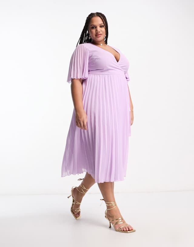 ASOS DESIGN Curve exclusive pleated midi dress with kimono sleeve and tie waist in lilac