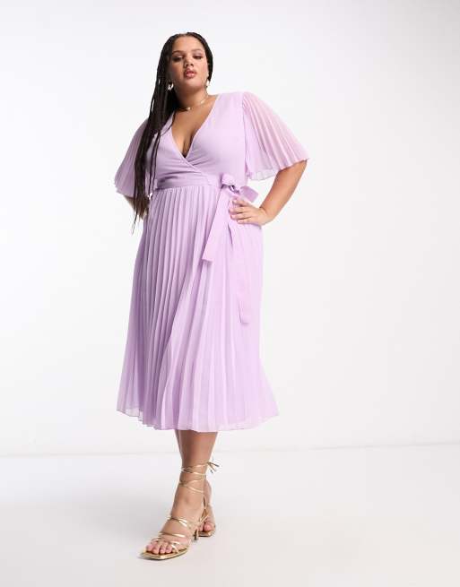 ASOS DESIGN Curve exclusive pleated midi dress with kimono sleeve and tie  waist in lilac